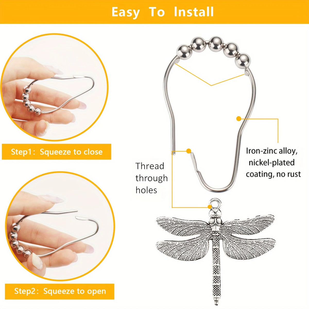 A set of silver-toned dragonfly shower curtain hooks being shown in the process of being squeezed to close and open.