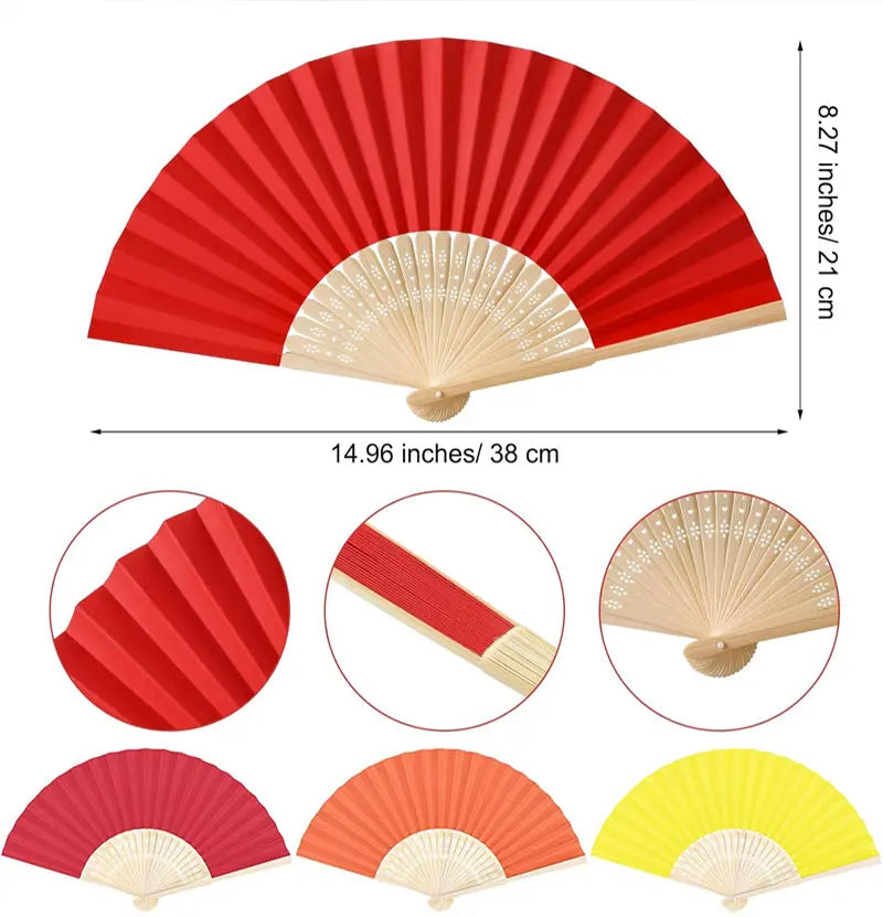Ventilateur pliable rouge et jaune à main avec pales en bambou et papier