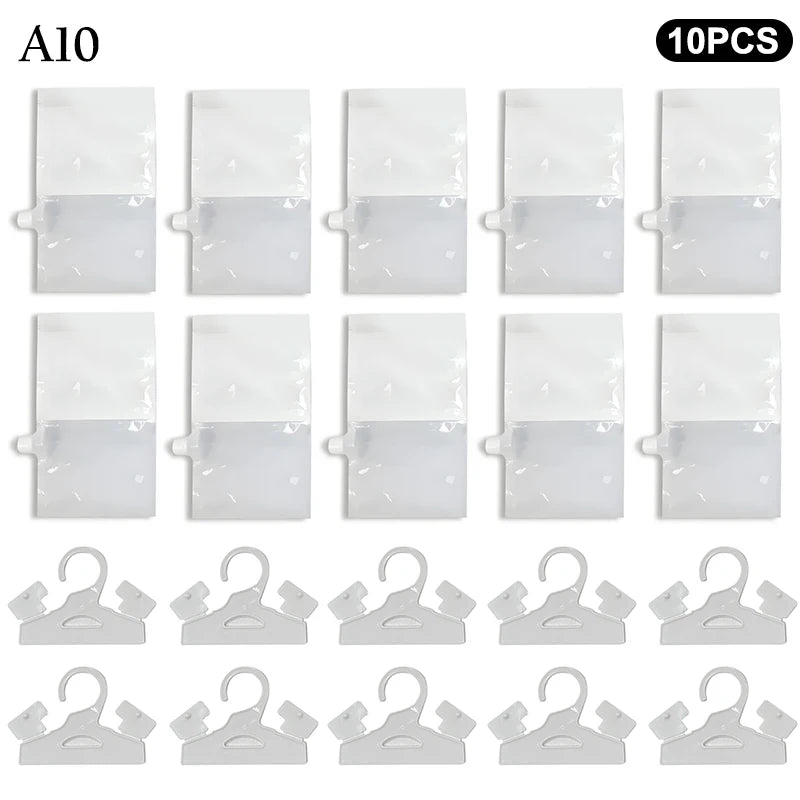 A set of ten reusable moisture absorber bags with hooks for storage and organization