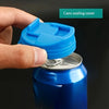 A hand is placing a blue plastic can sealing cover onto a blue soda can.
