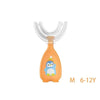 Orange silicone U-shaped toothbrush with a blue bird design for children aged 6 to 12 years.