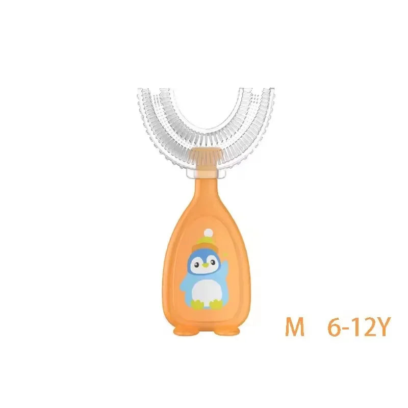 Orange silicone U-shaped toothbrush with a blue bird design for children aged 6 to 12 years.