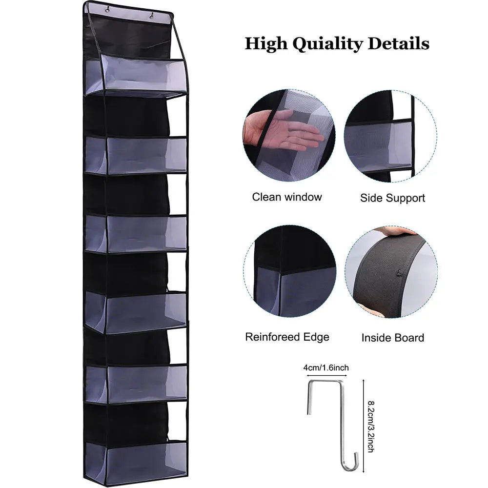 A tall, black over-the-door fabric storage organizer with multiple pockets and high-quality details.