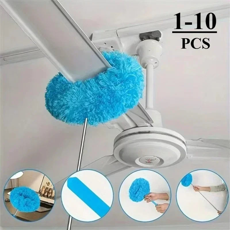 A set of 1 to 10 extendable microfiber duster heads in bright blue, shown attached to a ceiling fan.
