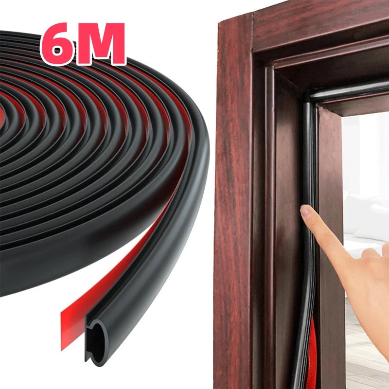 Roll of black D-shape weather stripping for doors and windows with a close-up view of the installed trim.