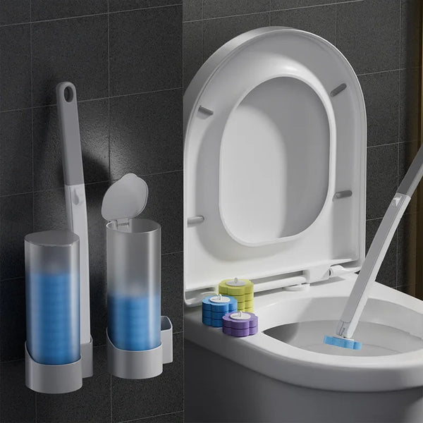 A white disappearing toilet brush set with a long handle and various sized brushes is shown next to a toilet.