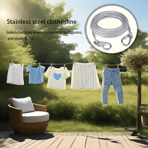 Stainless steel clothesline with various garments hanging outdoors in a grassy area.