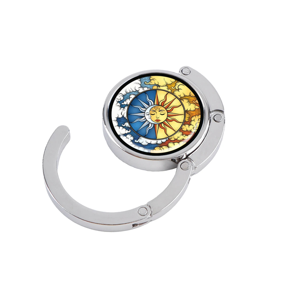 Silberner faltbarer Haken mit kreisförmigem Design, das Sonne und Mond darstellt.
