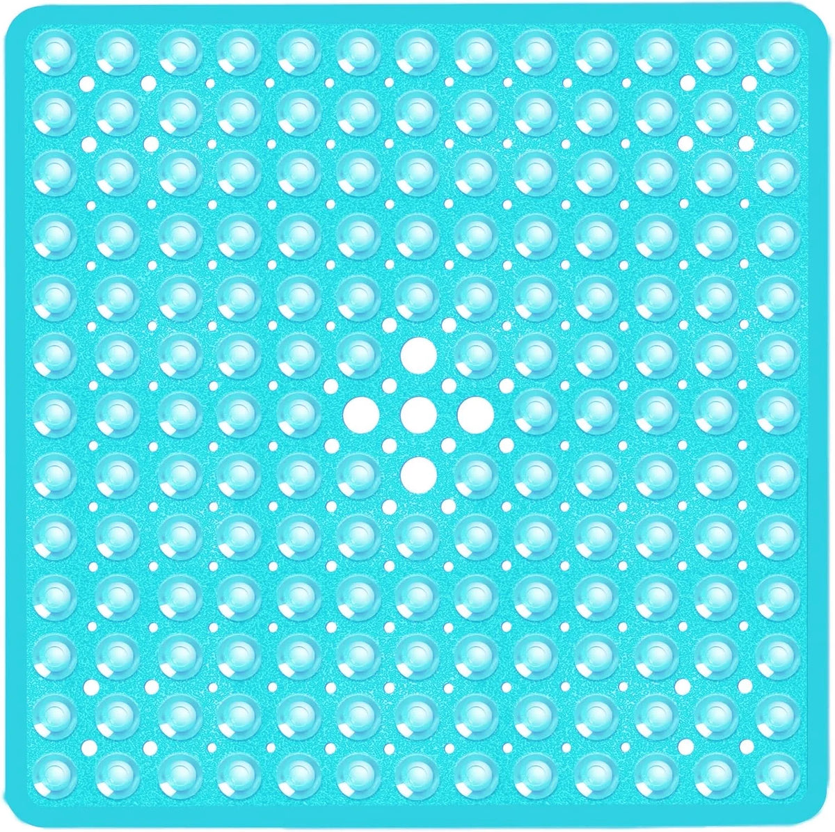 A blue non-slip shower mat covered with numerous small, round suction cups.