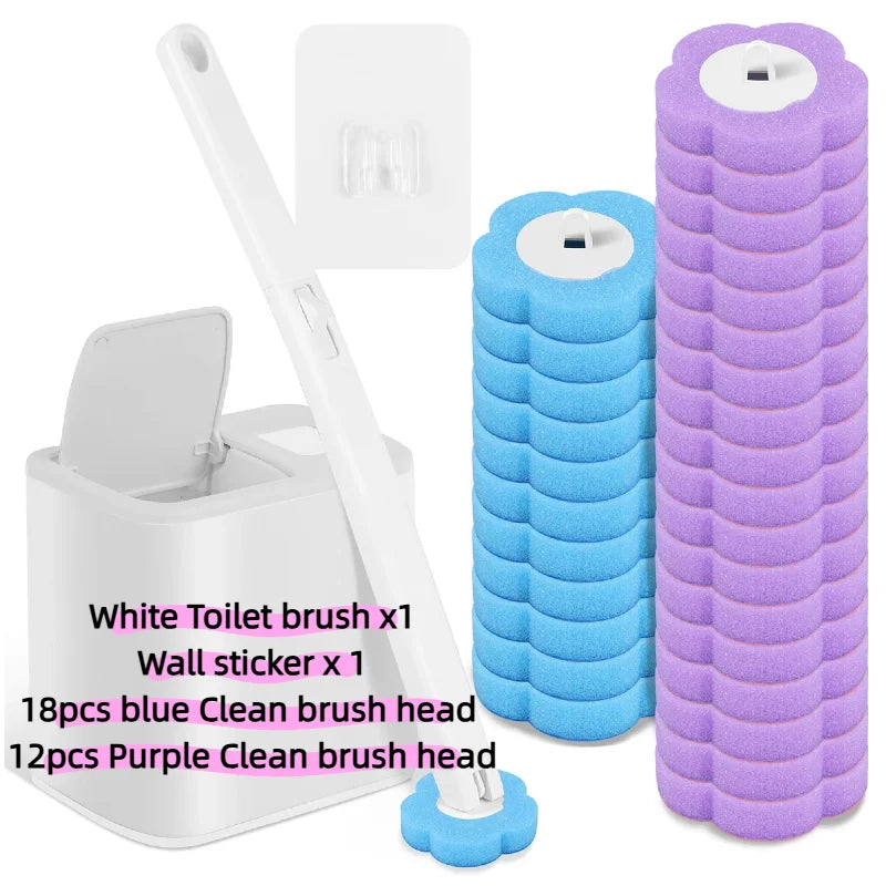 Disposable toilet brush refills including a long handle, wall sticker, blue and purple clean brush heads, and a storage unit.
