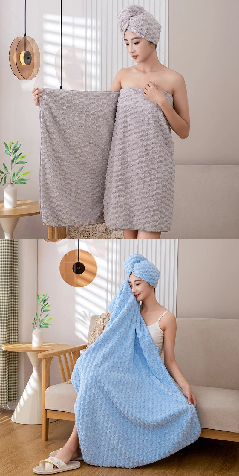 A woman is shown using a thick blue microfiber bath towel in a bright, modern bathroom setting.