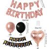 A set of 43 foil balloons forming a Happy Birthday banner and a heart shape in rose gold color