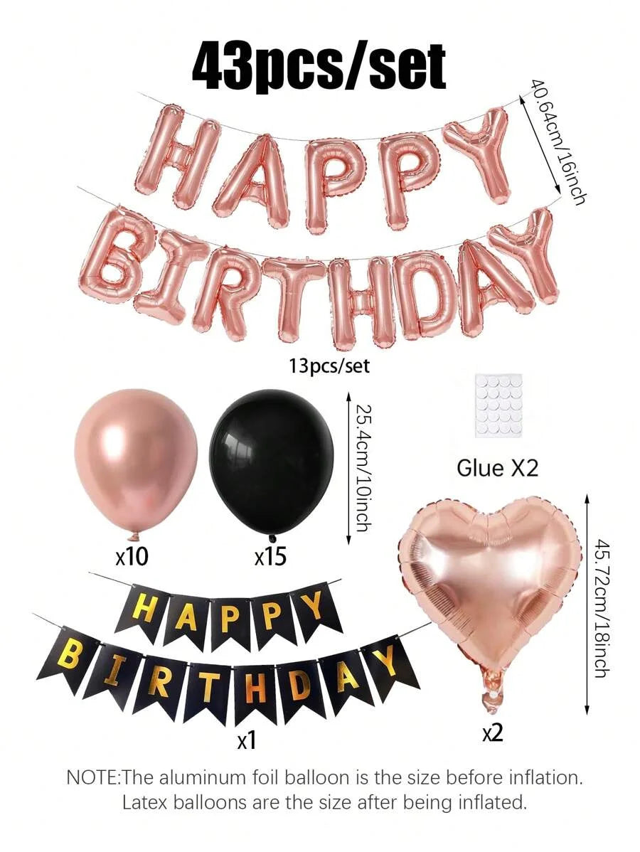 A set of 43 foil balloons forming a Happy Birthday banner and a heart shape in rose gold color