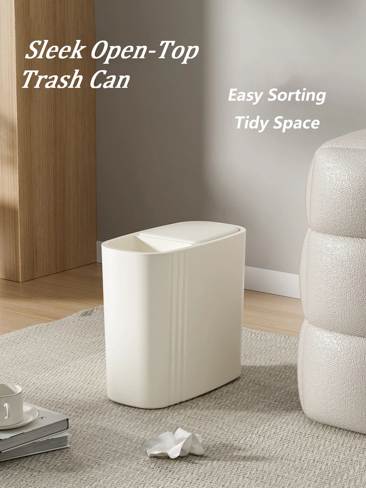 A white sleek open-top trash can with a press lid sitting on a light rug in a modern room.