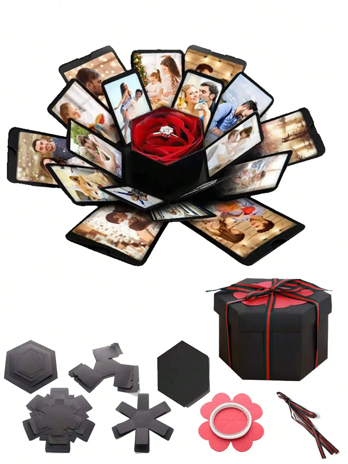DIY Fotoalbumbox mit mehreren Fotoeinsätzen und verschiedenen Bastelwerkzeugen