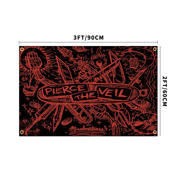 A rectangular red print featuring a distressed, hand-drawn style illustration of the Pierce The Veil band logo and surroundin