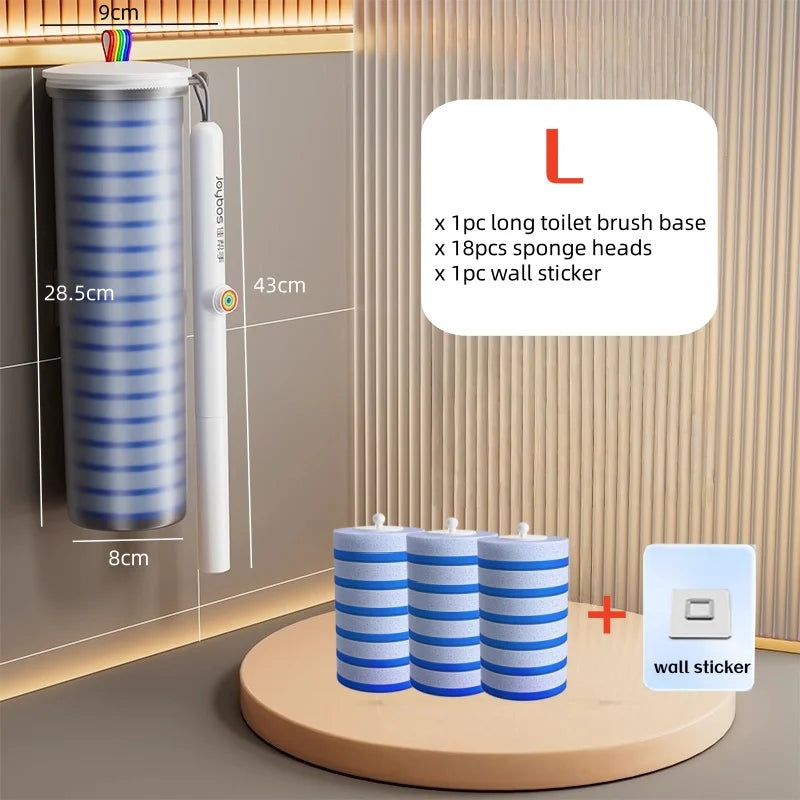 A disposable toilet brush cleaning kit showing a blue and white brush, sponge heads, and wall sticker in a bathroom setting.