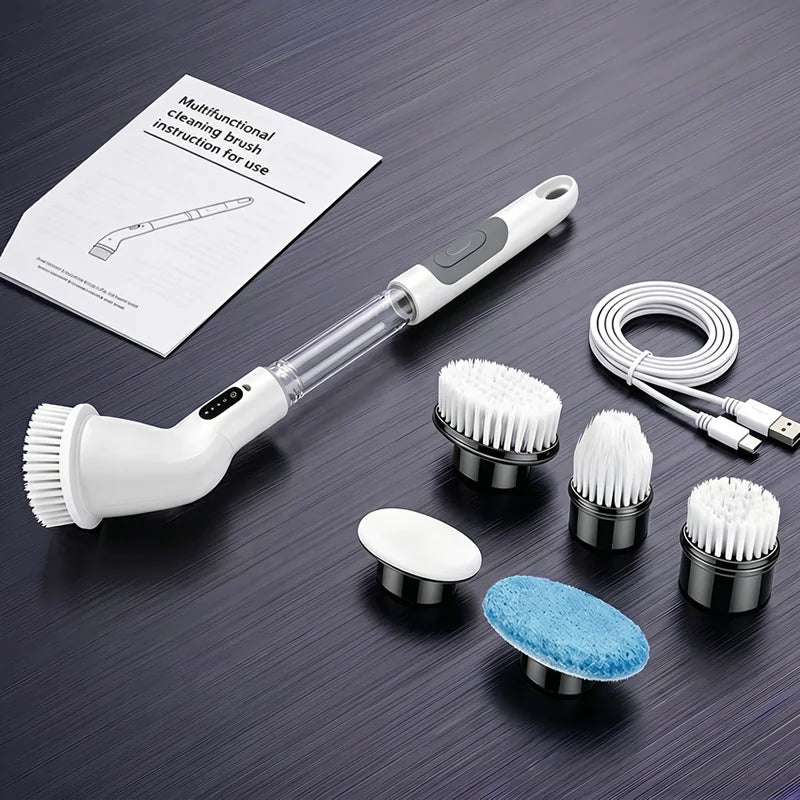 A cordless electric spin scrubber and multi-use cleaning brush with attachments shown on a dark surface.
