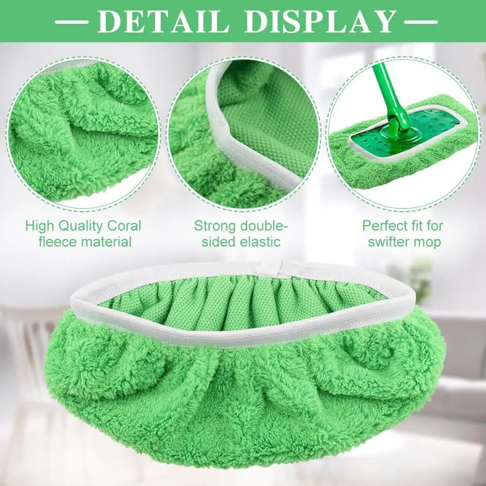 Detail display of a bright green coral fleece reusable microfiber mop pad with a white elastic band.
