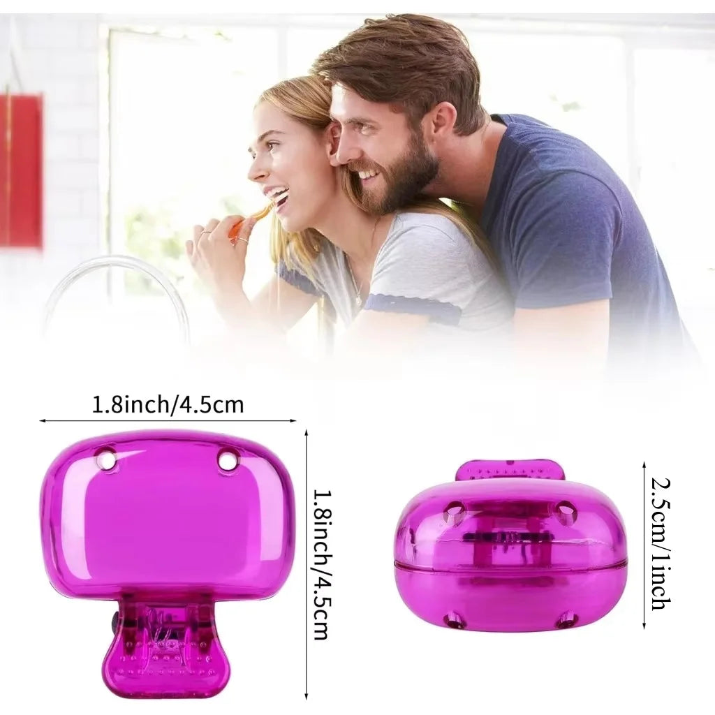 A pair of pink reusable toothbrush head covers shown next to a woman and man smiling.