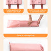 Instructions showing how to fold, roll, and store a pink foldable aluminum foot bath bucket.