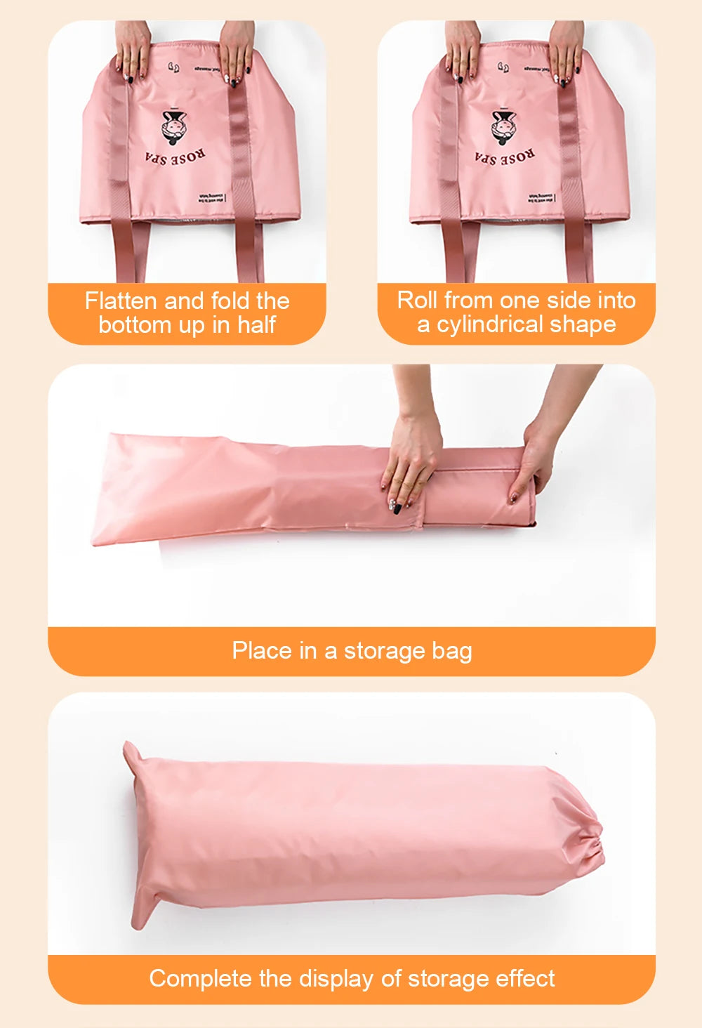 Instructions showing how to fold, roll, and store a pink foldable aluminum foot bath bucket.