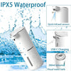 A white touchless electric soap dispenser is shown being splashed with water, highlighting its IPX5 waterproof features and U