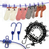 Adjustable elastic clothesline with various colored socks and a black circular hanging rack