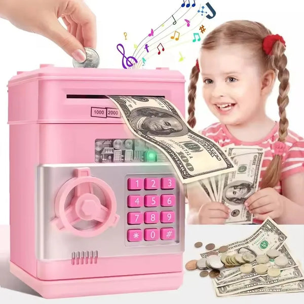 Pink electronic password piggy bank for kids with cash bills and coins.