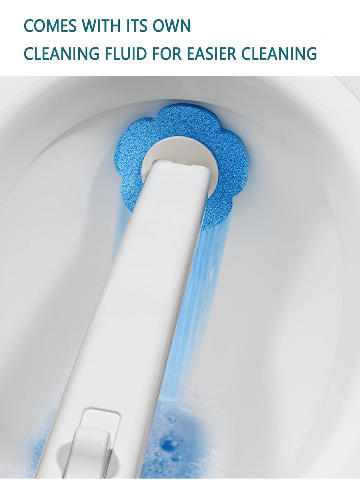 A white toilet brush with a blue cleaning fluid is being used to clean the inside of a white toilet bowl.