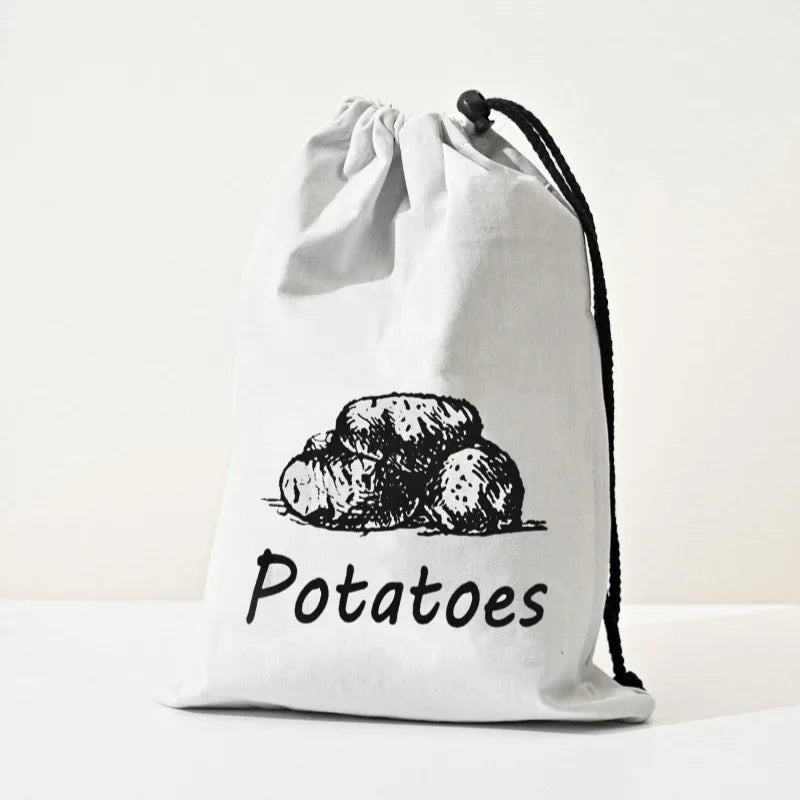 A white reusable drawstring storage bag featuring a black line drawing of potatoes.