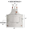A light gray canvas cooking apron with straps and tool pockets shown with various dimensions.
