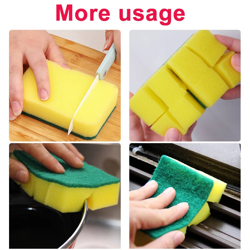 Yellow and green double-sided scouring sponges being used for kitchen cleaning.