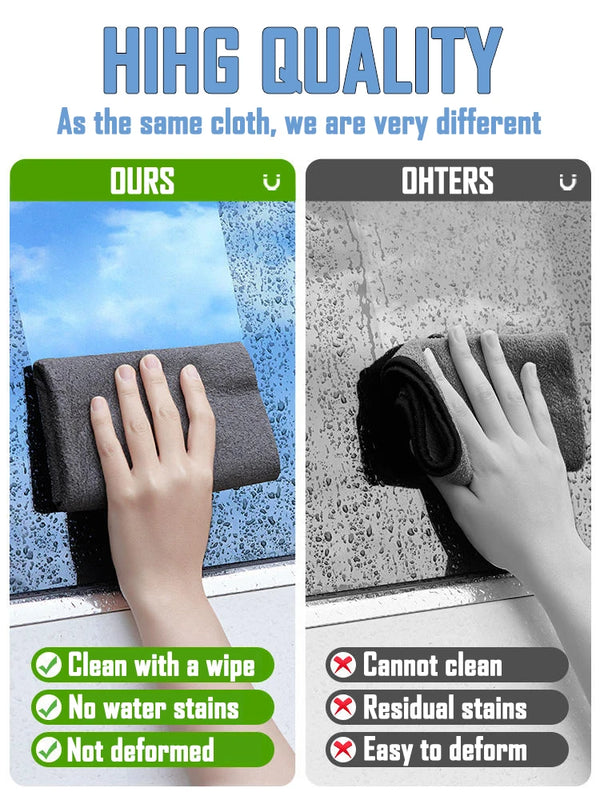 Comparison showing HIHG quality glass cleaning cloths versus others, highlighting features like stain resistance and deformat