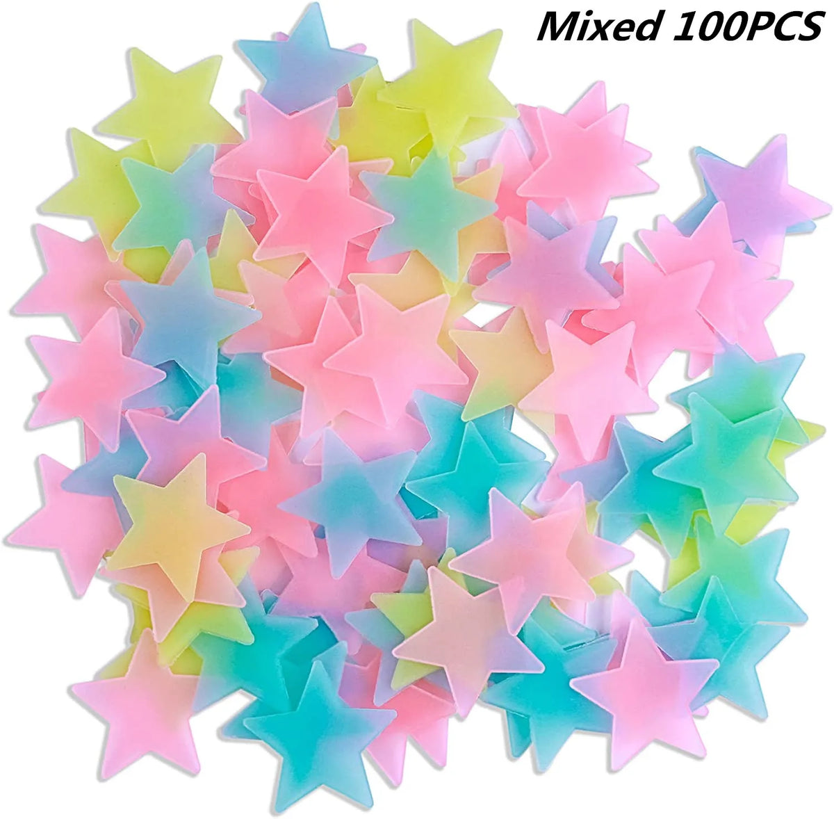 Mixed pack of 100 glow in the dark 3D star wall decals in various pastel colors