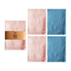 A set of four pink and blue absorbent 100% cotton waffle weave towels.