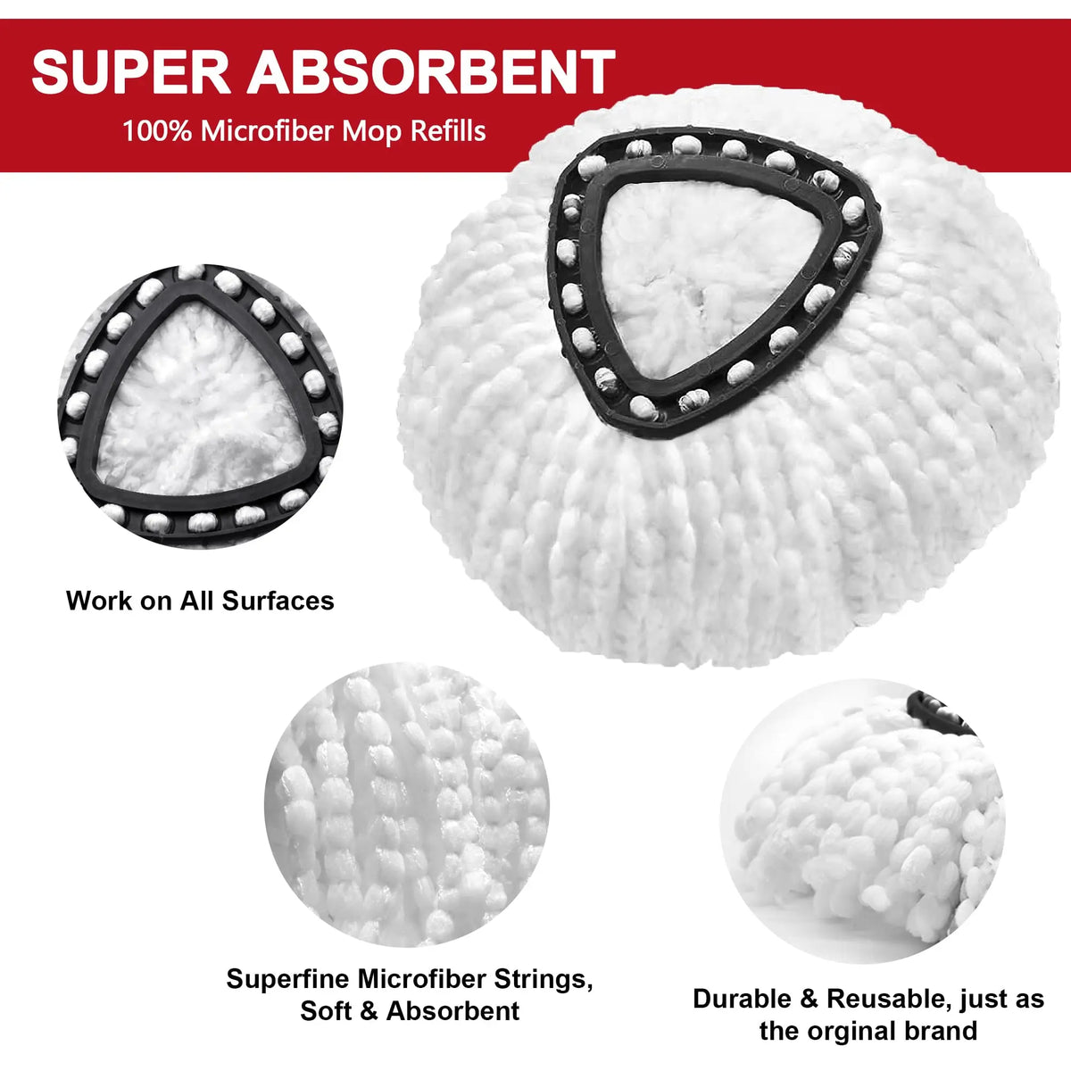 White microfiber mop refill head with black trim and fibers shown on various surfaces.