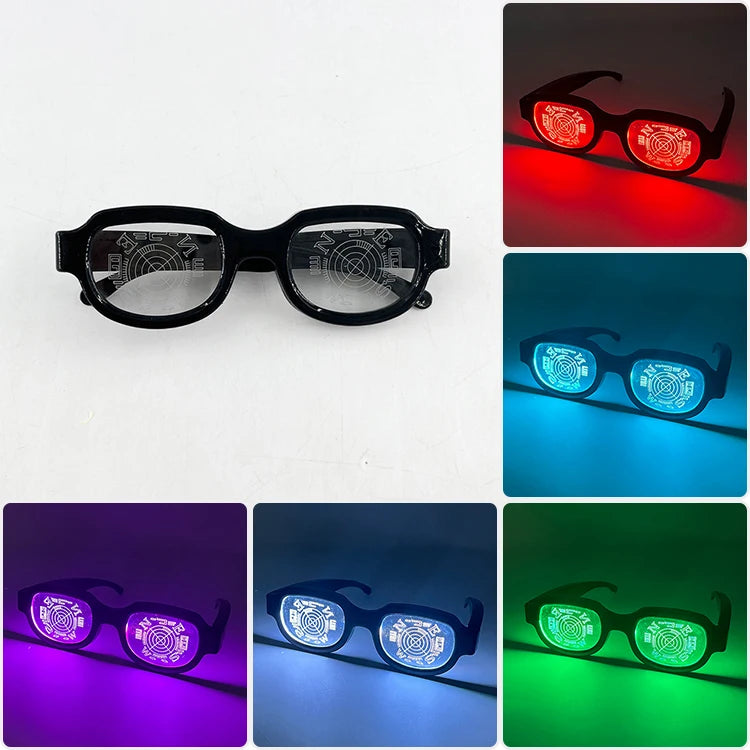 A pair of black anime-style glasses illuminated by various colored LED lights including red, blue, and green.