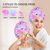 A woman models a purple fabric hair drying cap set featuring heart, mermaid, and unicorn designs on her head.