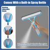 A hand is using a rotating adjustable nozzle cleaning tool to spray, wipe, and squeegee glass in one motion.
