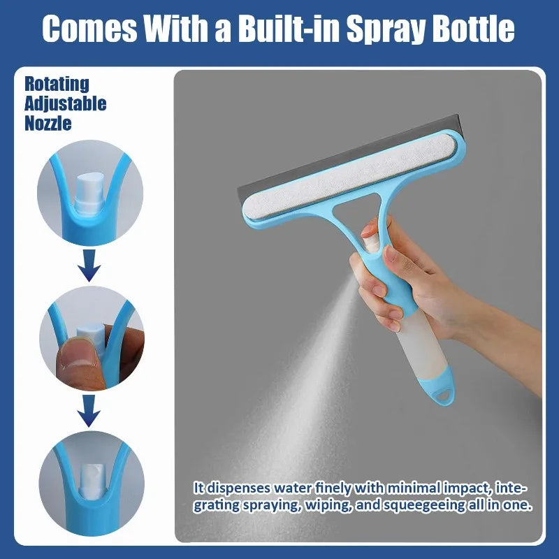 A hand is using a rotating adjustable nozzle cleaning tool to spray, wipe, and squeegee glass in one motion.