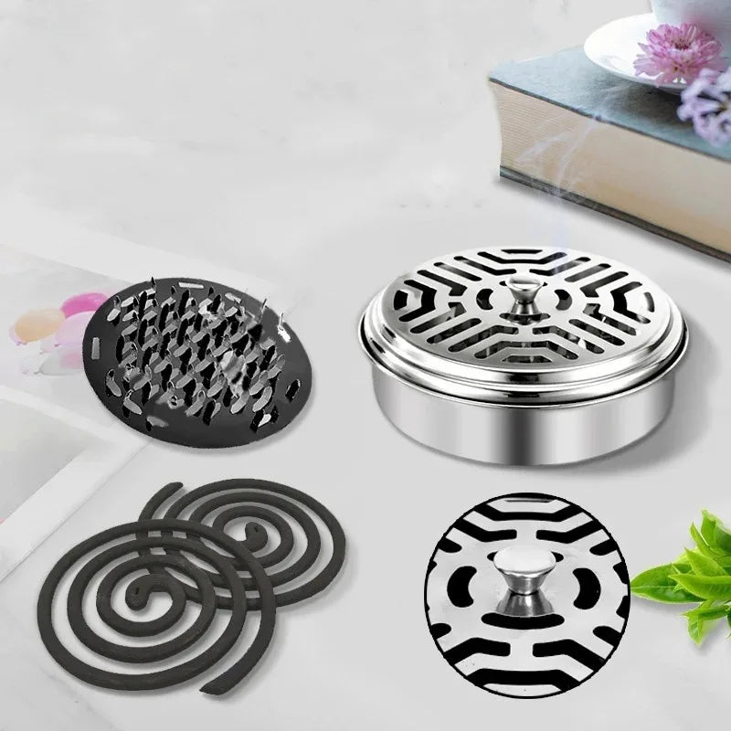 Stainless steel mosquito coil tray holder with various designs and a round metal lid