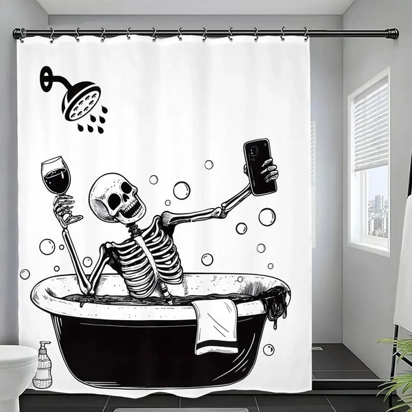 A black and white illustration of a skeleton skull emerging from a bathtub, used as a shower curtain design.