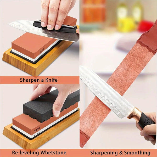 A hand is using a multi-grit whetstone to sharpen and smooth a knife, demonstrating the sharpening process.