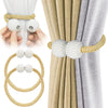 Ensemble de pinces magnétiques pour rideaux, montrant le mécanisme et le produit fini avec des rideaux beige et gris.