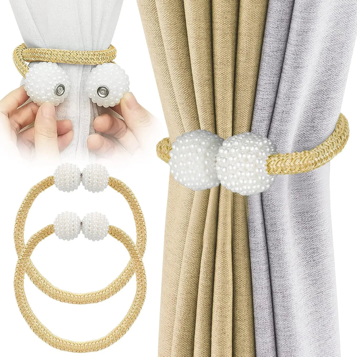 Ensemble de pinces magnétiques pour rideaux, montrant le mécanisme et le produit fini avec des rideaux beige et gris.