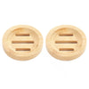 A pair of natural wooden soap dishes with slotted drainage holes.