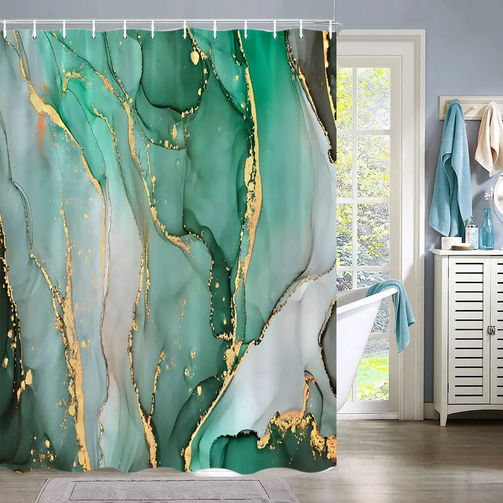 A teal and gold marble abstract fluid texture shower curtain hanging in a bathroom.