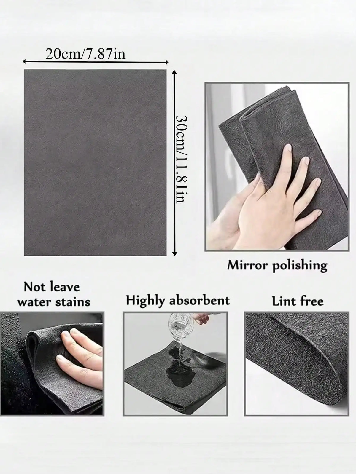 A stack of dark gray microfiber cleaning cloths showing dimensions and features like water resistance and lint-free quality.