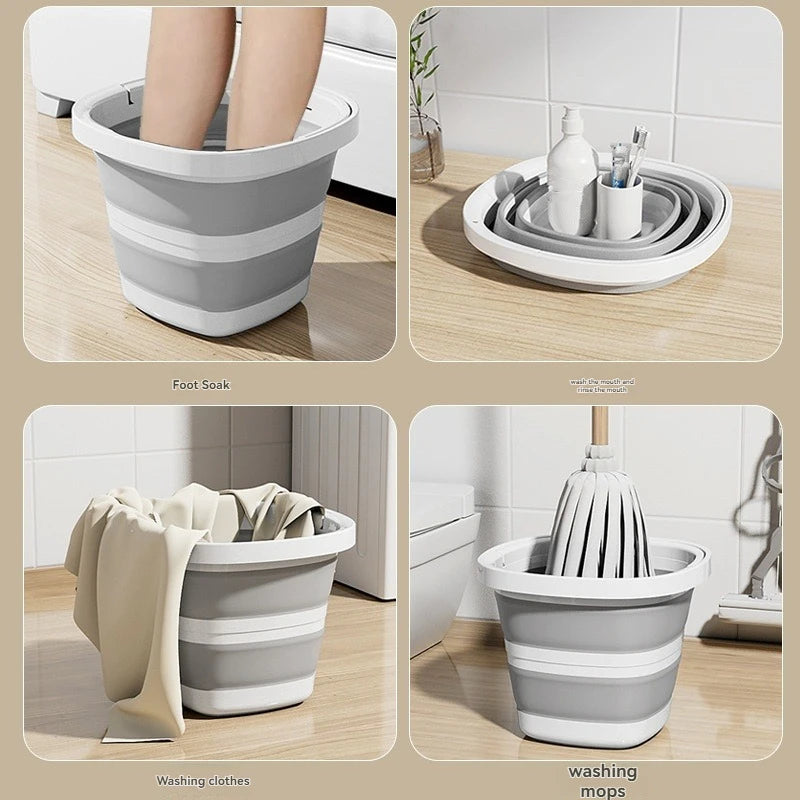 A gray plastic bucket with an arc handle used for foot soak and washing mops.